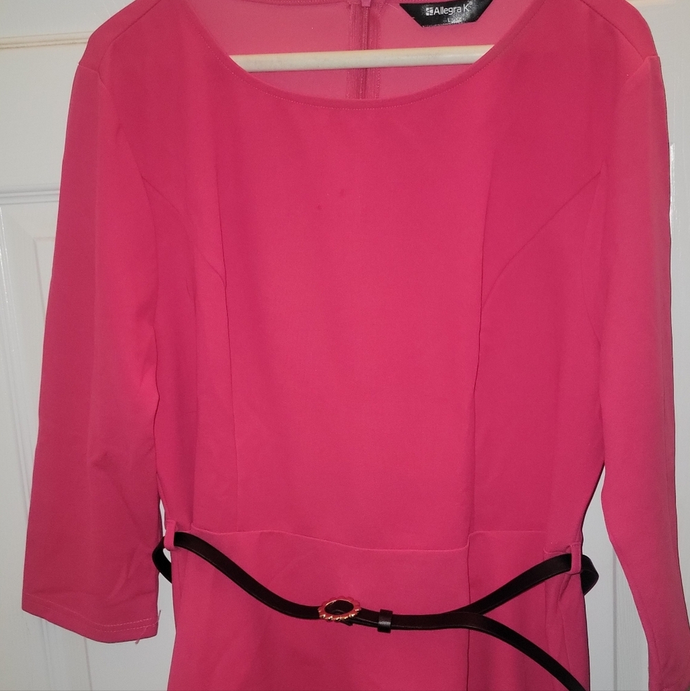 Allegra K Fuchsia Long Sleeve Dress with Black Belt